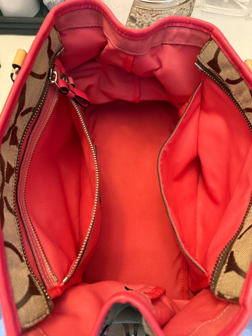 Coach Beige Signature Canvas Tote with Pink Trim and Tan Handles - Picture 7 of 11